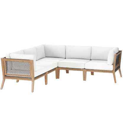 Clearwater 5-Piece Outdoor Patio Teak Wood Sectional Sofa - Gray White
