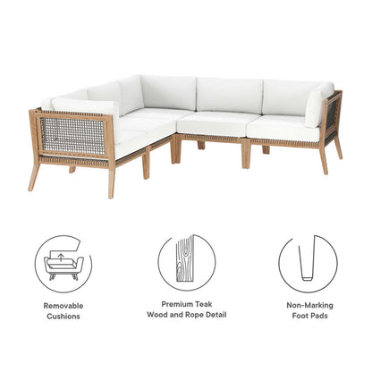 Clearwater 5-Piece Outdoor Patio Teak Wood Sectional Sofa - Gray White