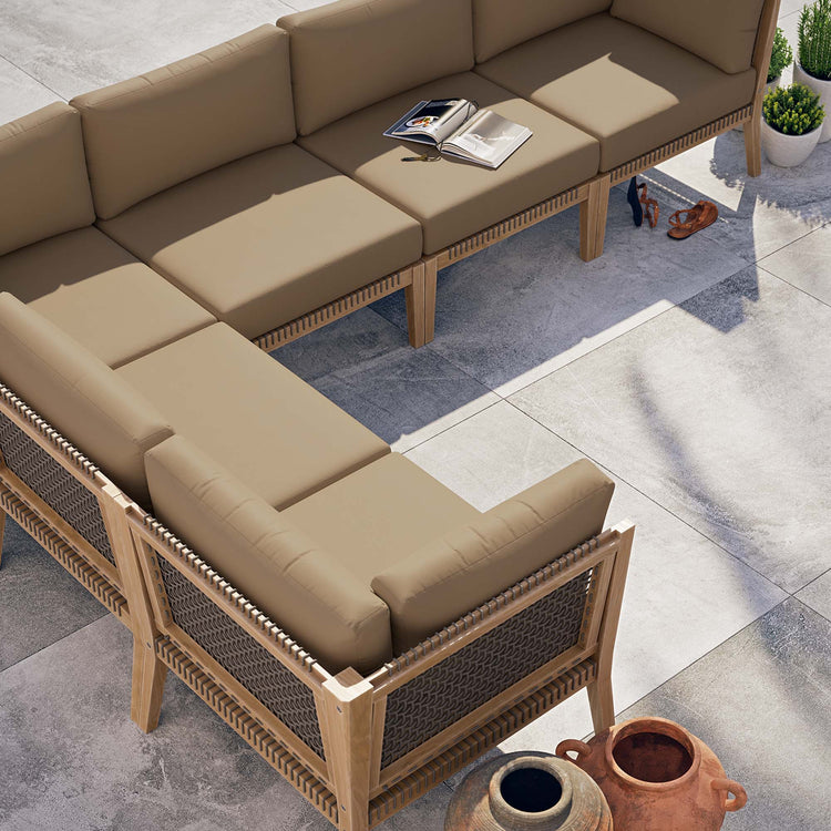 Clearwater 6-Piece Outdoor Patio Teak Wood Sectional Sofa - Gray Light Brown