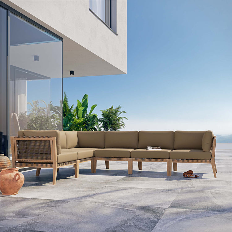 Clearwater 6-Piece Outdoor Patio Teak Wood Sectional Sofa - Gray Light Brown