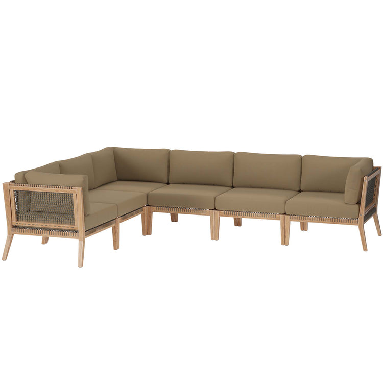 Clearwater 6-Piece Outdoor Patio Teak Wood Sectional Sofa - Gray Light Brown