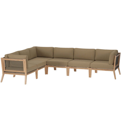 Clearwater 6-Piece Outdoor Patio Teak Wood Sectional Sofa - Gray Light Brown