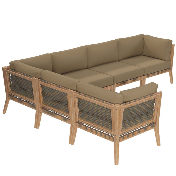 Clearwater 6-Piece Outdoor Patio Teak Wood Sectional Sofa - Gray Light Brown