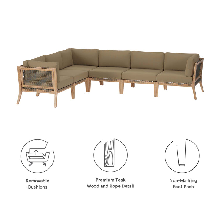 Clearwater 6-Piece Outdoor Patio Teak Wood Sectional Sofa - Gray Light Brown
