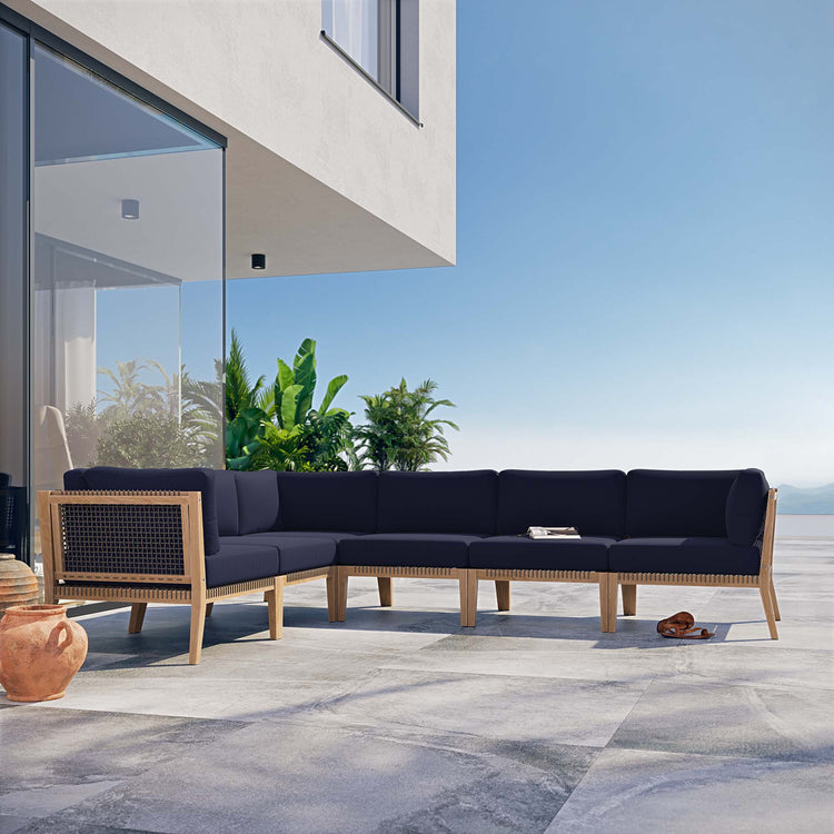Clearwater 6-Piece Outdoor Patio Teak Wood Sectional Sofa - Gray Navy