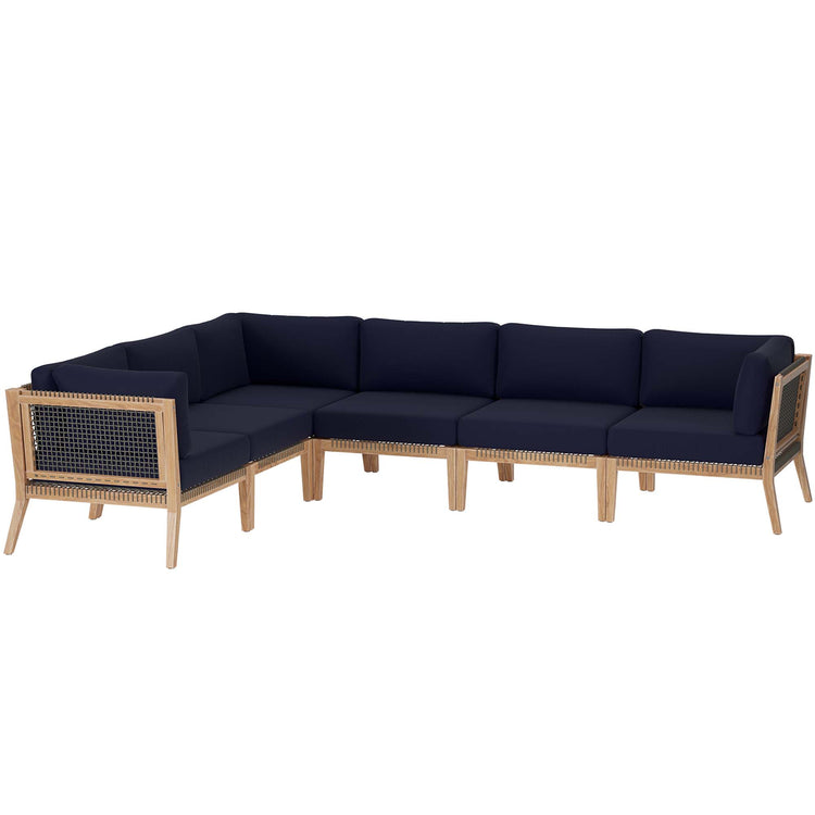 Clearwater 6-Piece Outdoor Patio Teak Wood Sectional Sofa - Gray Navy