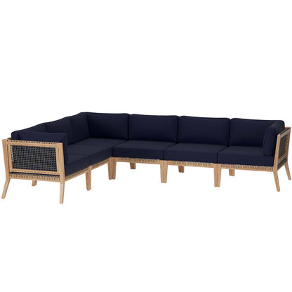 Clearwater 6-Piece Outdoor Patio Teak Wood Sectional Sofa - Gray Navy