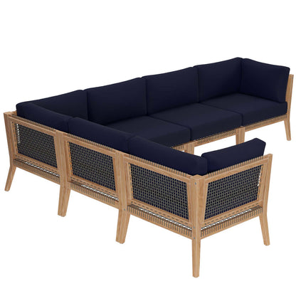 Clearwater 6-Piece Outdoor Patio Teak Wood Sectional Sofa - Gray Navy