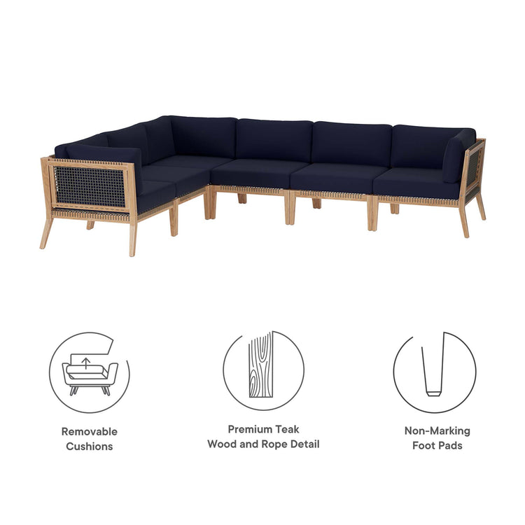 Clearwater 6-Piece Outdoor Patio Teak Wood Sectional Sofa - Gray Navy