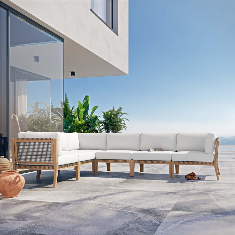 Clearwater 6-Piece Outdoor Patio Teak Wood Sectional Sofa - Gray White