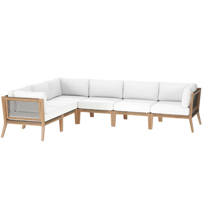 Clearwater 6-Piece Outdoor Patio Teak Wood Sectional Sofa - Gray White
