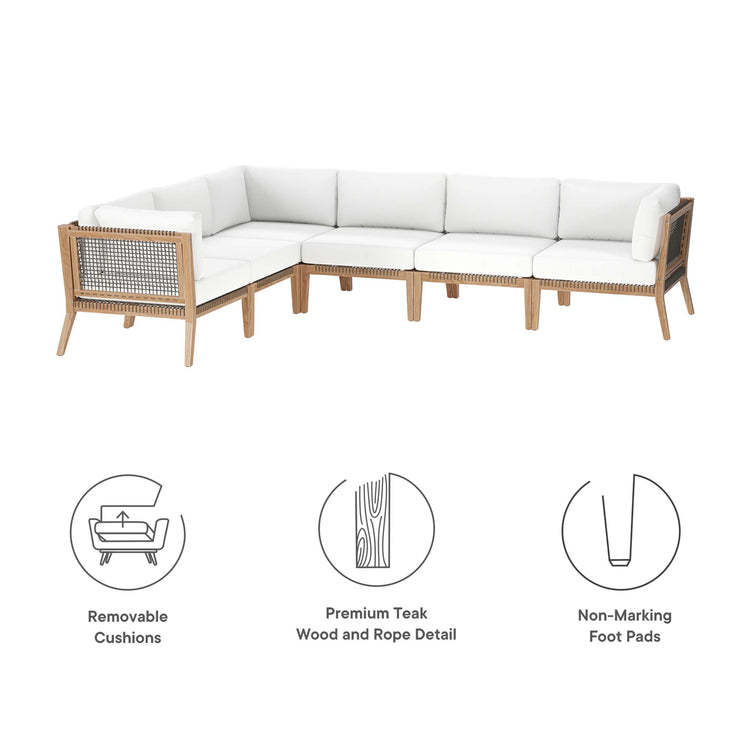 Clearwater 6-Piece Outdoor Patio Teak Wood Sectional Sofa - Gray White