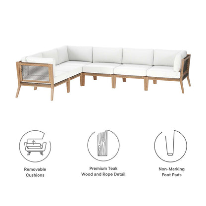 Clearwater 6-Piece Outdoor Patio Teak Wood Sectional Sofa - Gray White