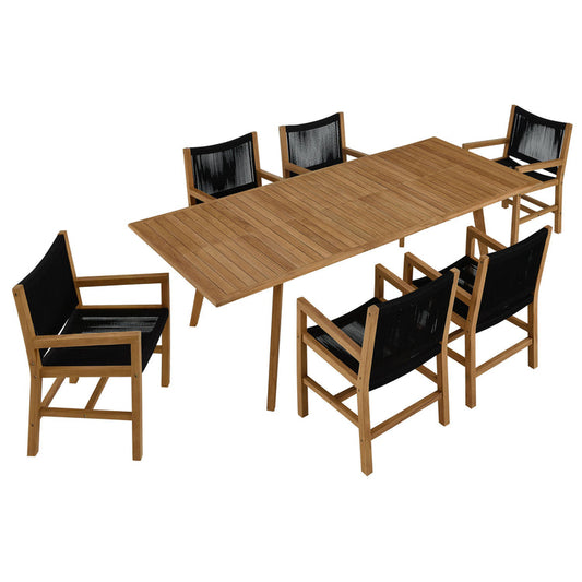 Vienna 7-Piece Outdoor Patio Teak and Rope Dining Set with Armchairs - Natural Black