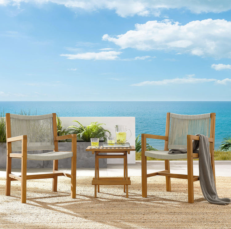 Vienna 3-Piece Outdoor Patio Teak and Rope Armchairs with Folding Side Table - Natural Natural