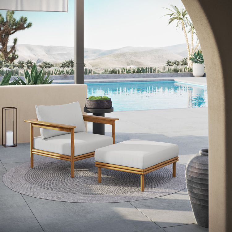 Wren Outdoor Patio Teak Wood Armchair and Ottoman Set - Natural Sail