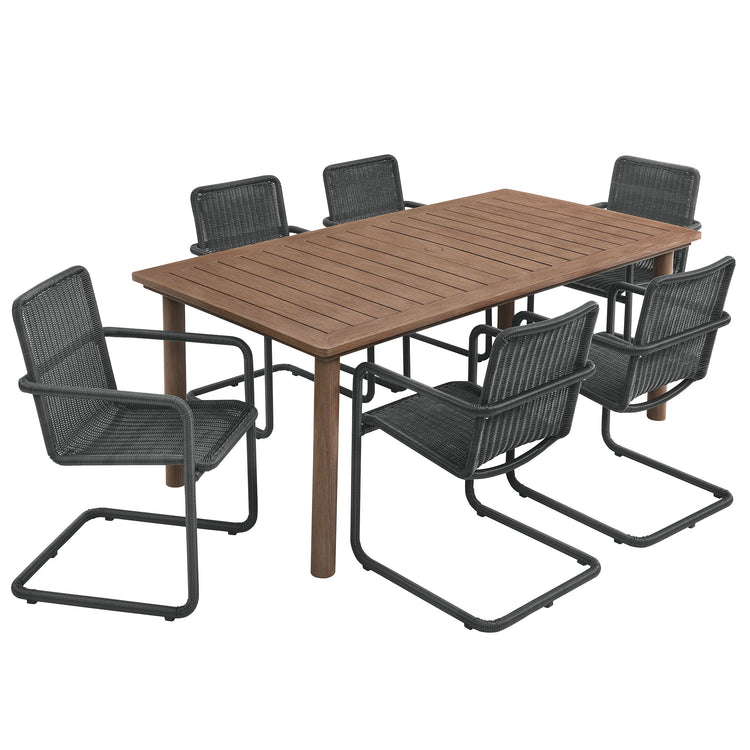 Abacus 7-Piece Rectangular Outdoor Patio Aluminum Dining Table Set with Rattan Armchairs - Slate Walnut