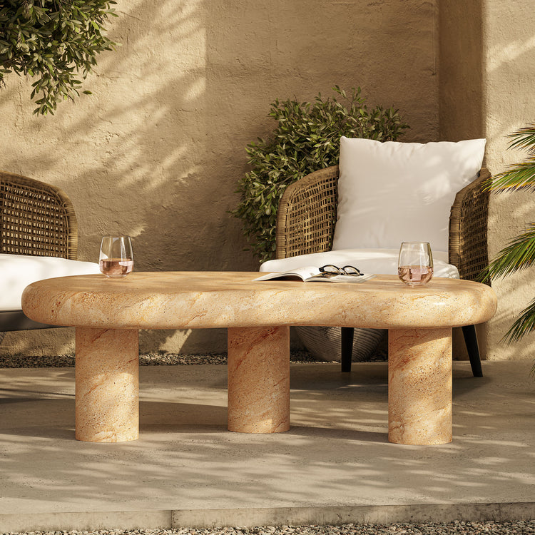 Elowen Indoor - Outdoor Textured Faux Travertine Coffee Table - Travertine