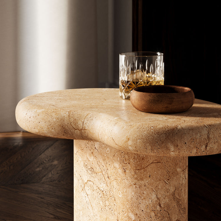 Elowen Indoor - Outdoor Textured Faux Travertine Side Table - Travertine