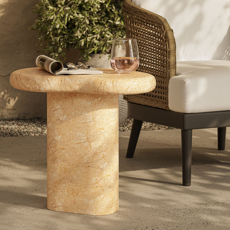 Elowen Indoor - Outdoor Textured Faux Travertine Side Table - Travertine