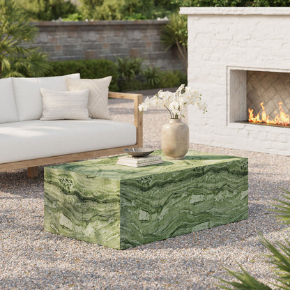 Jordana Square Plinth Indoor - Outdoor Patio Concrete Coffee Table - Green Marble