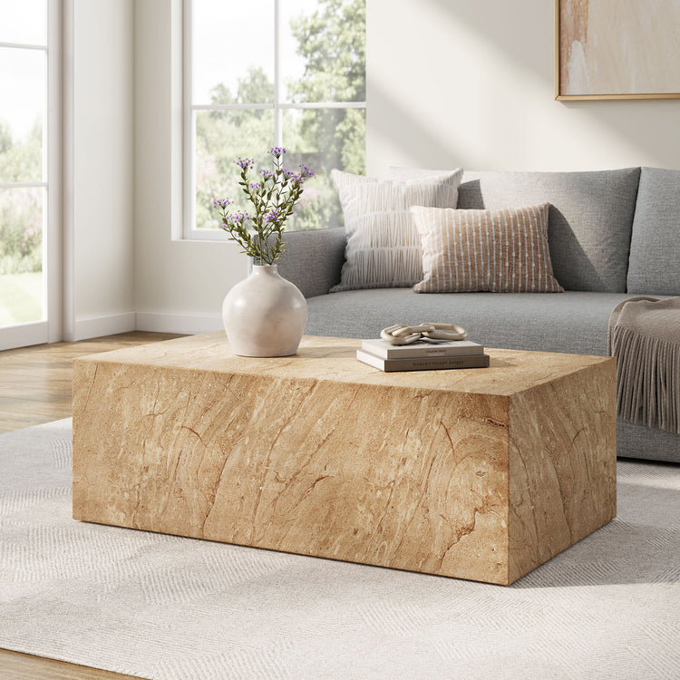 Jordana Square Plinth Indoor - Outdoor Patio Concrete Coffee Table - Travertine