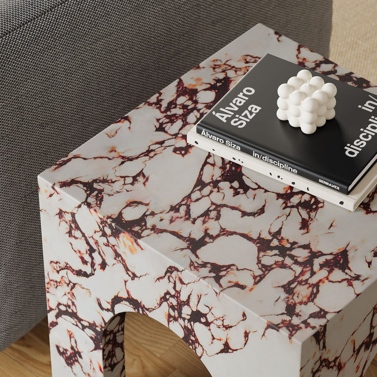Valen Square Indoor - Outdoor Patio Arched Concrete Side Table - Red Marble