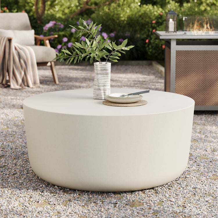 Brion Round Indoor - Outdoor Patio Concrete Coffee Table - White
