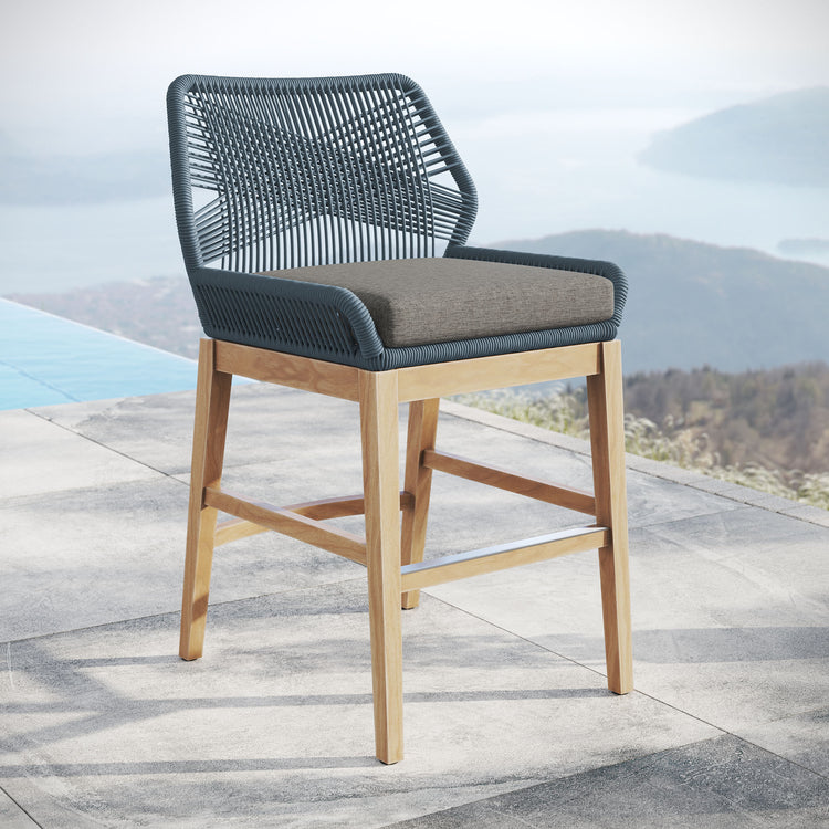 Wellspring Outdoor Patio Teak and Rope Counter Stool - Blue Graphite
