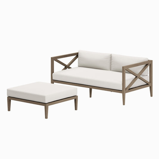 Northlake Outdoor Teak Wood Loveseat and Ottoman Set - Weathered Gray