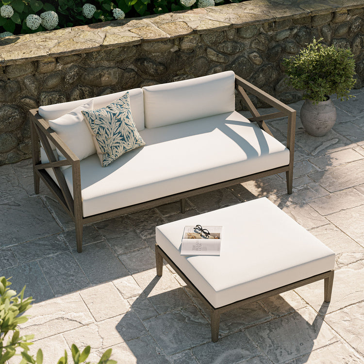 Northlake Outdoor Teak Wood Loveseat and Ottoman Set - Weathered Gray