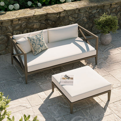 Northlake Outdoor Teak Wood Loveseat and Ottoman Set - Weathered Gray