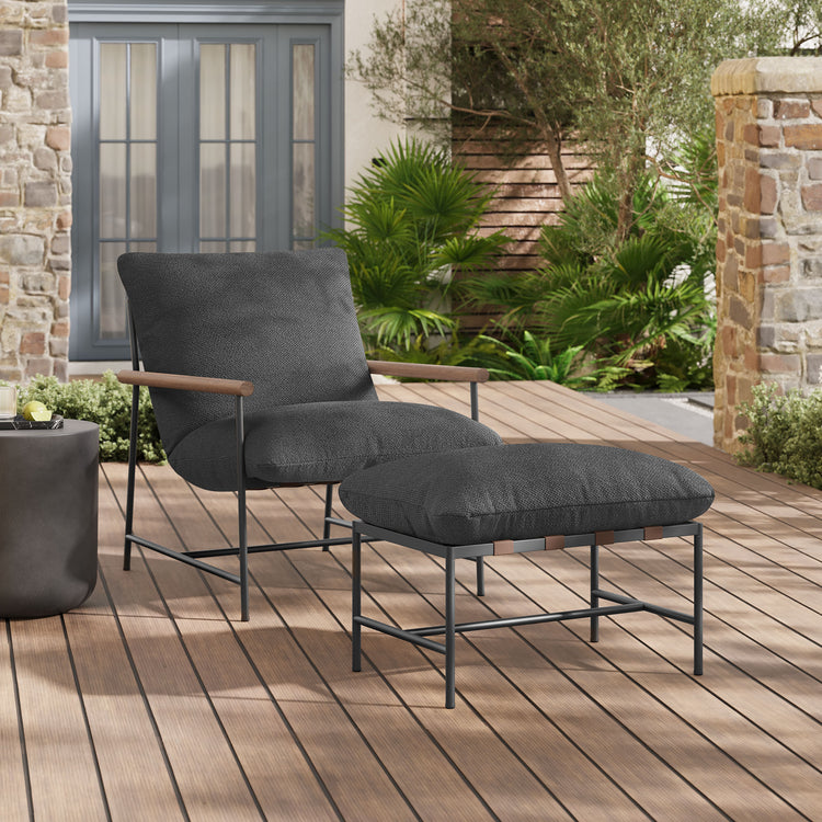 Raya Outdoor Patio Boucle Lounge Chair and Ottoman - Charcoal