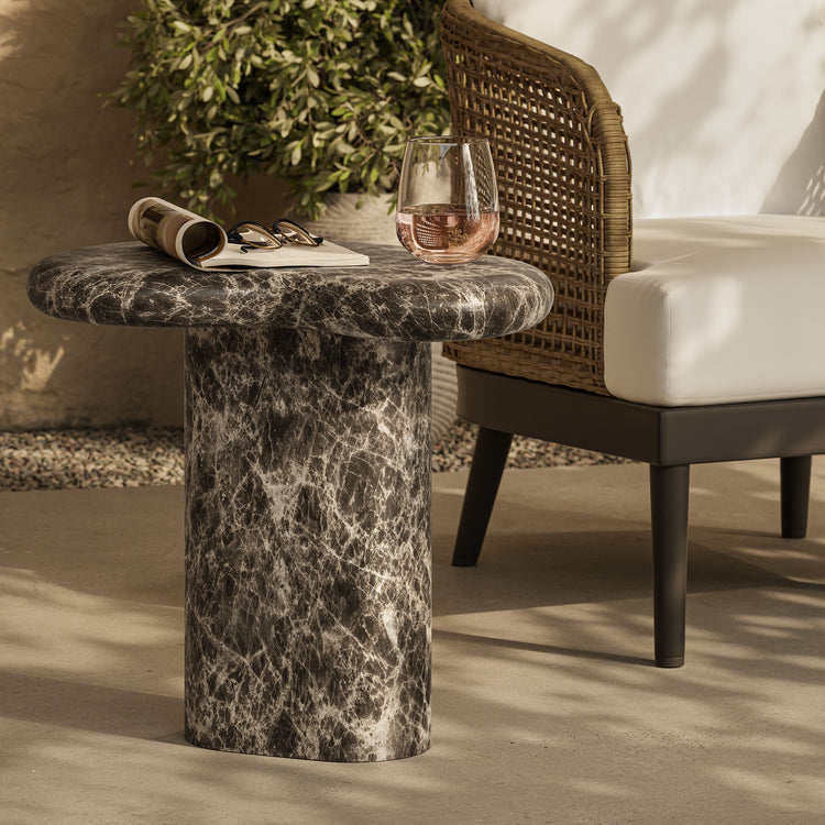 Elowen Indoor - Outdoor Textured Faux Travertine Side Table - Dark Emperador Marble