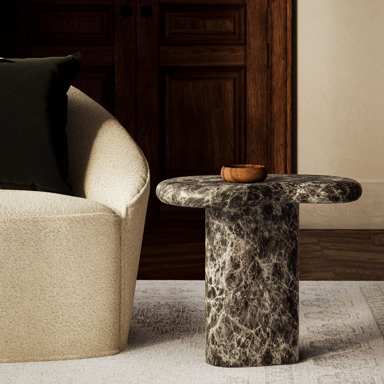 Elowen Indoor - Outdoor Textured Faux Travertine Side Table - Dark Emperador Marble