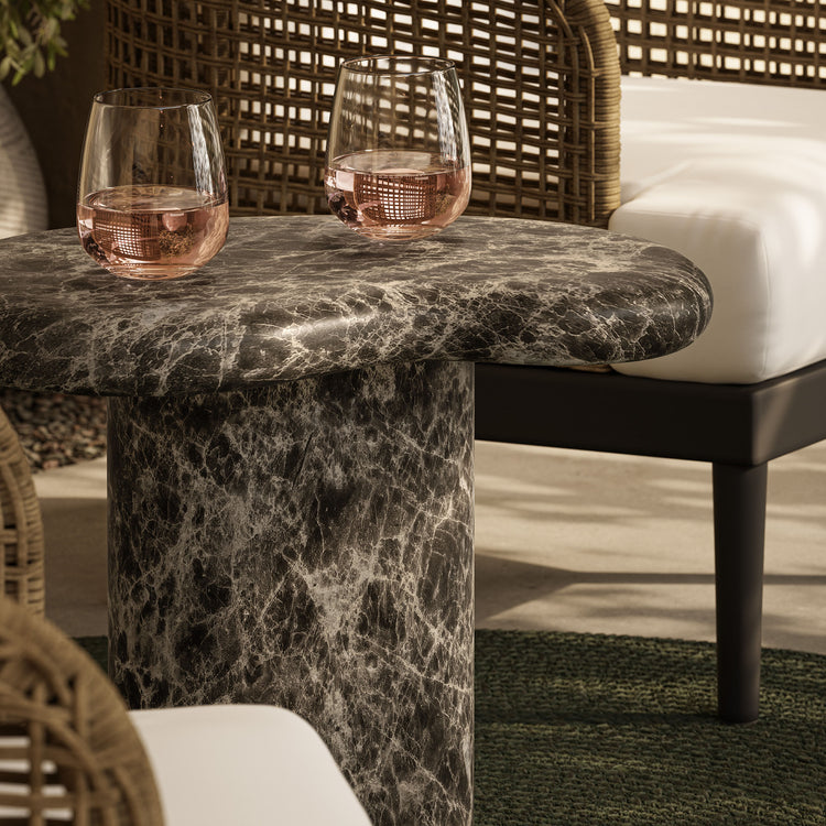Elowen Indoor - Outdoor Textured Faux Travertine Side Table - Dark Emperador Marble