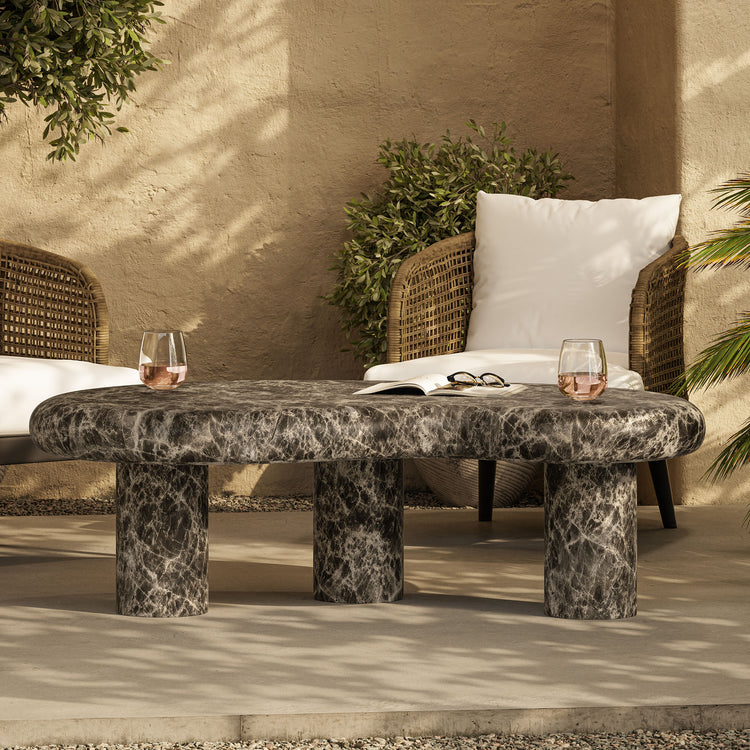 Elowen Indoor - Outdoor Textured Faux Travertine Coffee Table - Dark Emperador Marble
