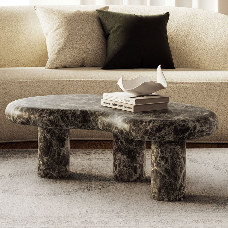 Elowen Indoor - Outdoor Textured Faux Travertine Coffee Table - Dark Emperador Marble