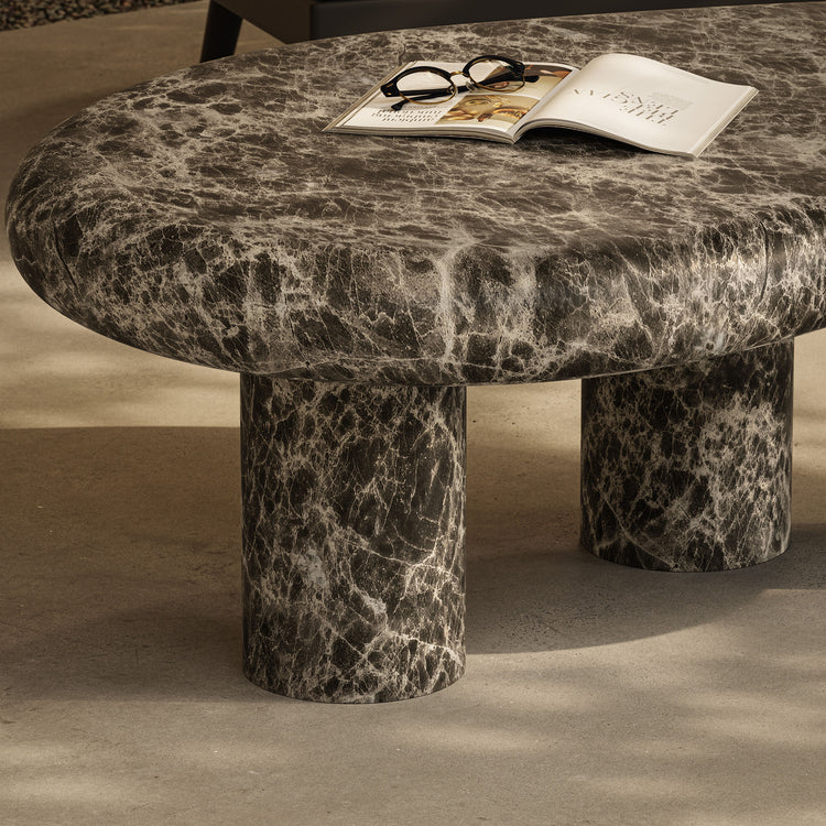 Elowen Indoor - Outdoor Textured Faux Travertine Coffee Table - Dark Emperador Marble
