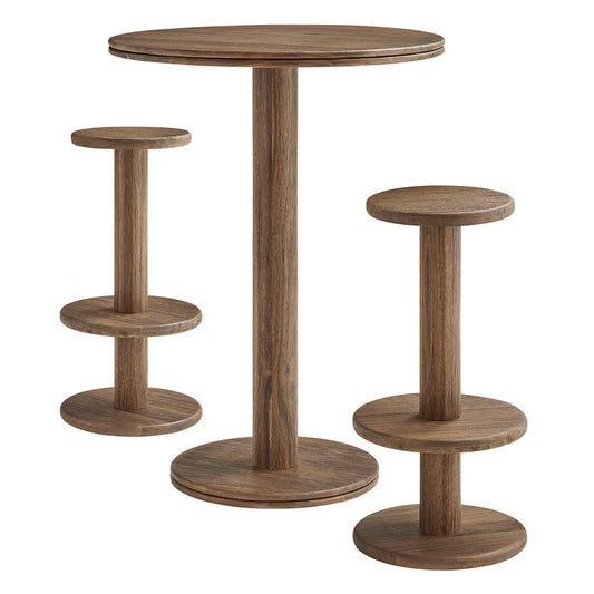 Neo 3-Piece Round Indoor - Outdoor Patio Wood Bar Table And Stool Set - Cocoa Brown