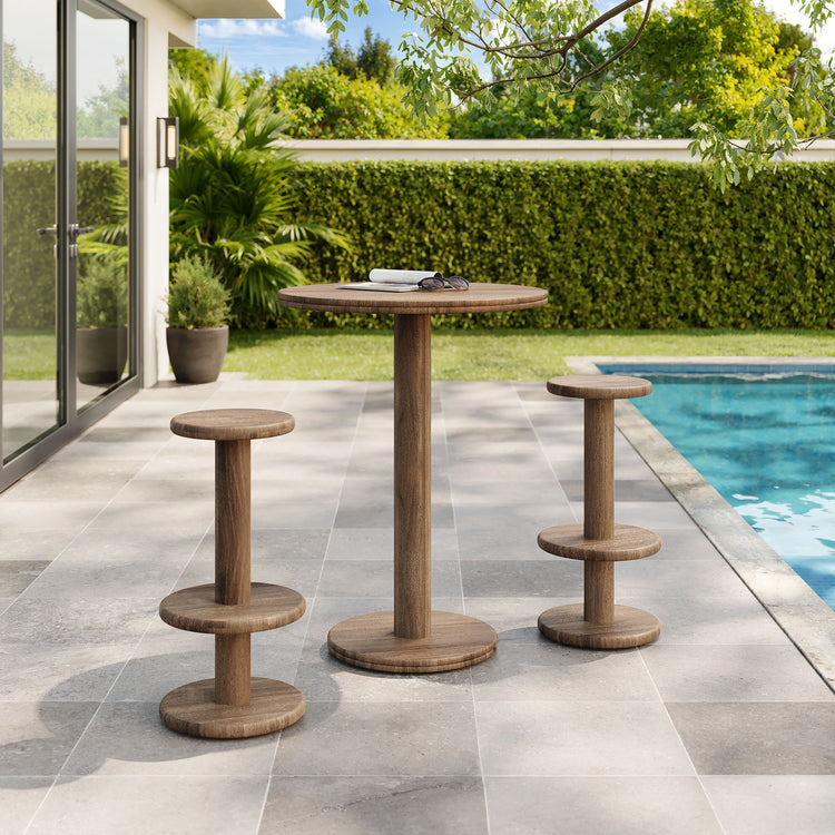 Neo 3-Piece Round Indoor - Outdoor Patio Wood Bar Table And Stool Set - Cocoa Brown