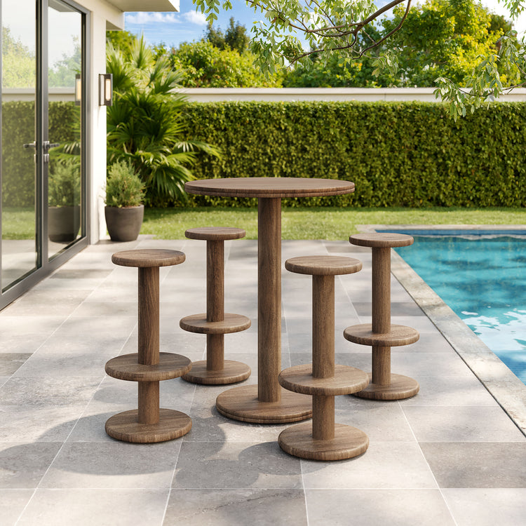 Neo 5-Piece Round Indoor - Outdoor Round Patio Bar Table And Stool Set - Cocoa Brown