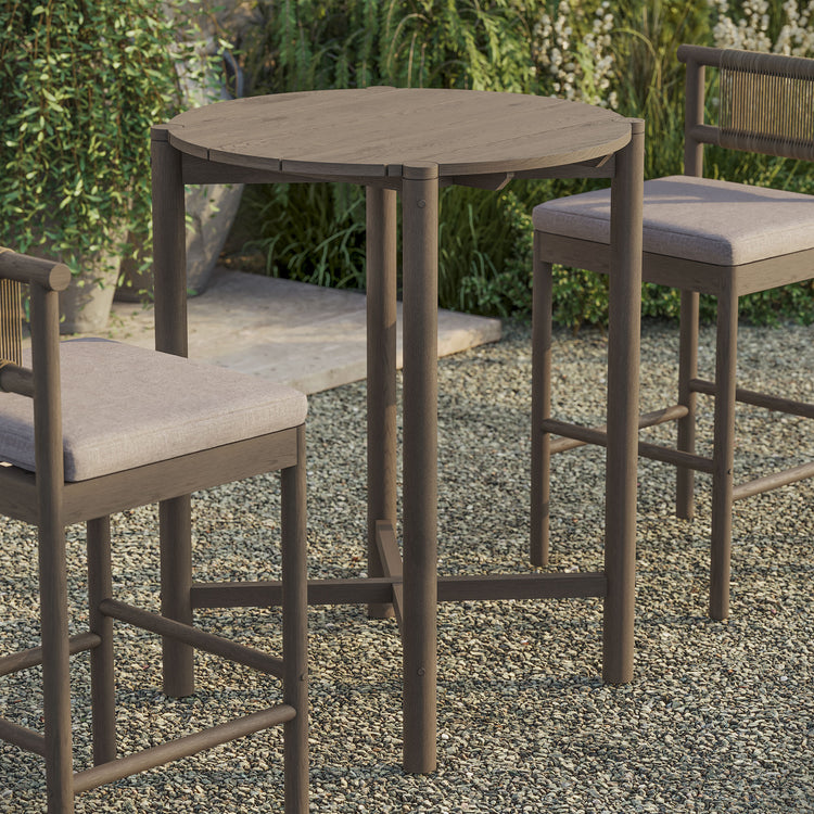 Eleni Round 35 Inch Outdoor Teak Wood Round Bar Table - Weathered Gray Teak
