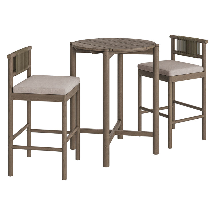 Eleni 3-Piece Outdoor Teak Wood Bar Set - Weathered Gray Pebble