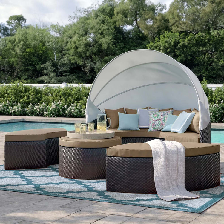 Quest Outdoor Patio Wicker Rattan Canopy Sectional Daybed - Espresso Mocha