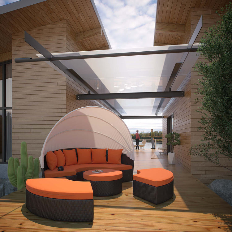 Quest Outdoor Patio Wicker Rattan Canopy Sectional Daybed - Espresso Orange
