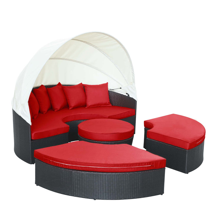 Quest Outdoor Patio Wicker Rattan Canopy Sectional Daybed - Espresso Red