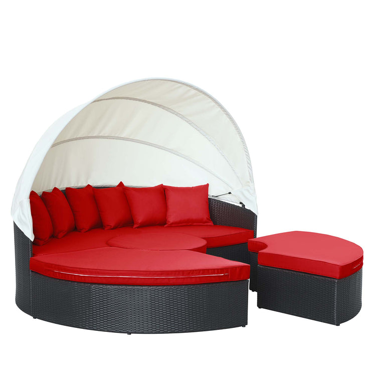 Quest Outdoor Patio Wicker Rattan Canopy Sectional Daybed - Espresso Red