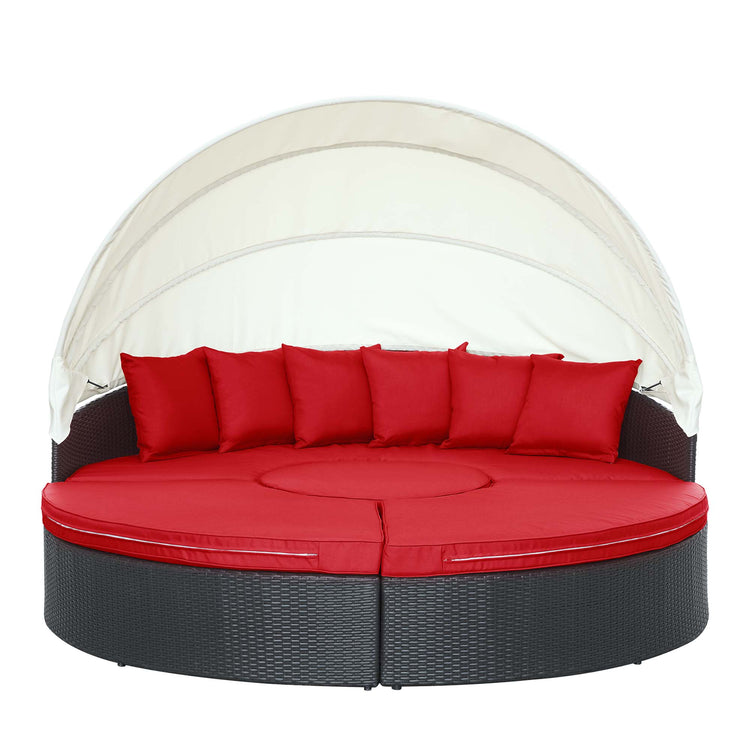 Quest Outdoor Patio Wicker Rattan Canopy Sectional Daybed - Espresso Red