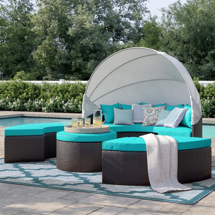 Quest Outdoor Patio Wicker Rattan Canopy Sectional Daybed - Espresso Turquoise